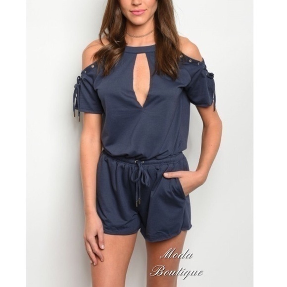 NAVY COLD SHOULDER ROMPER - Picture 1 of 2